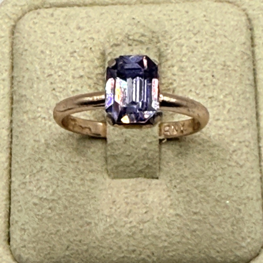 Vintage Germany Rose Gold Tone Emerald Cut Purple Glass Solitaire Ring Size 8